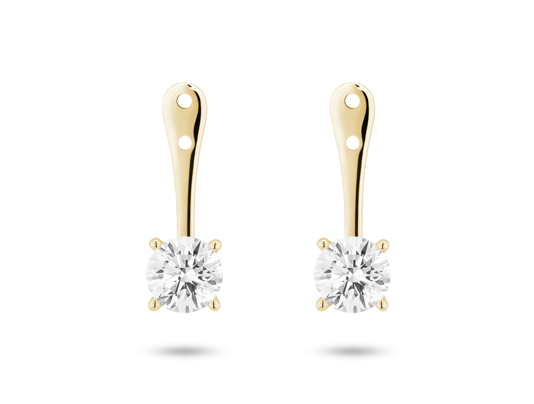 Front view of 1 carat total weight round brilliant ear jacket earrings in 14k yellow gold