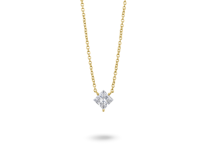 Front view of 14k yellow gold 1 carat princess cut pendant with white diamond