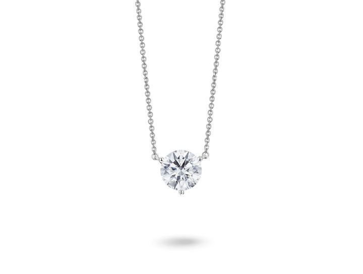 Front view of a lab-grown white 1.5 carat total weight round brilliant solitaire pendant in 14k white gold