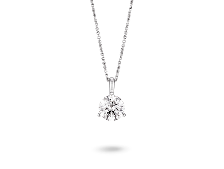 Front view of a lab-grown 1.5 carat round brilliant solitaire on a bale pendant in white gold