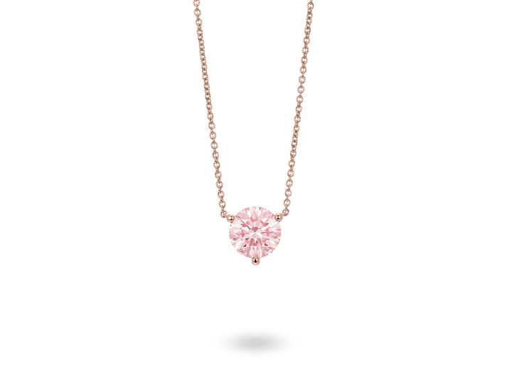 Front view of pink lab-grown 1.5 carat round brilliant solitaire pendant in rose gold