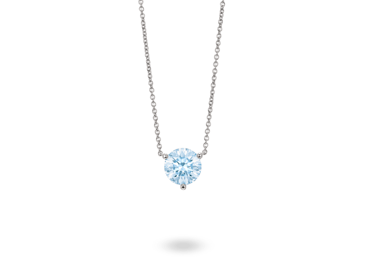 Front view of blue 1.5ct round brilliant solitaire necklace