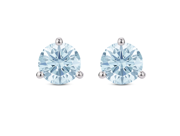 Front view of 2 carat total weight solitaire round brilliant 14k white gold studs with blue diamond